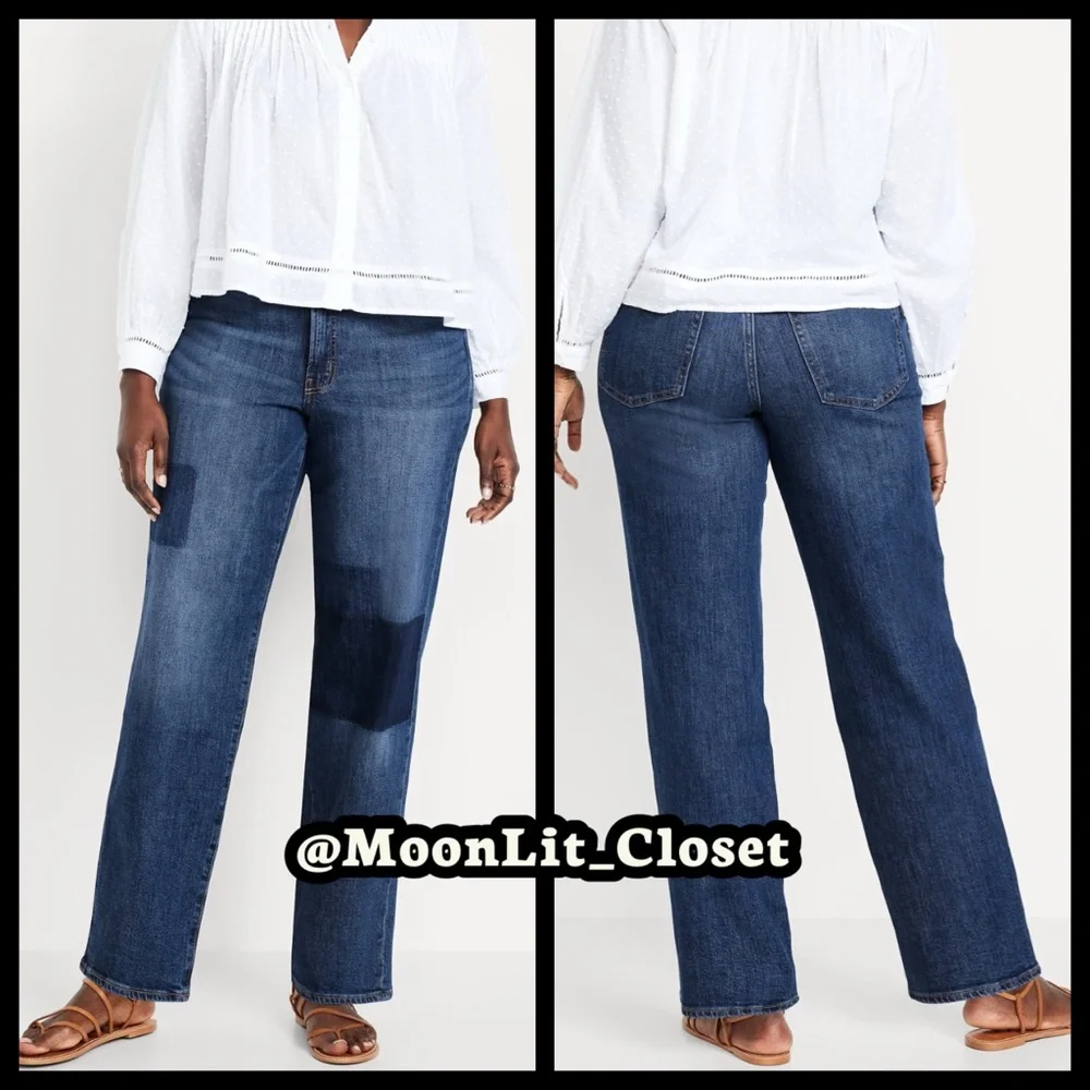 Old Navy High-Waisted OG Loose Laser Patch Jeans Medium Wash Patch Size 22
